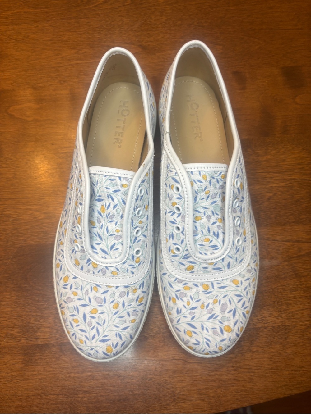 Hotter White Slip-On Sneakers with Blue & Yellow Leaf Pattern